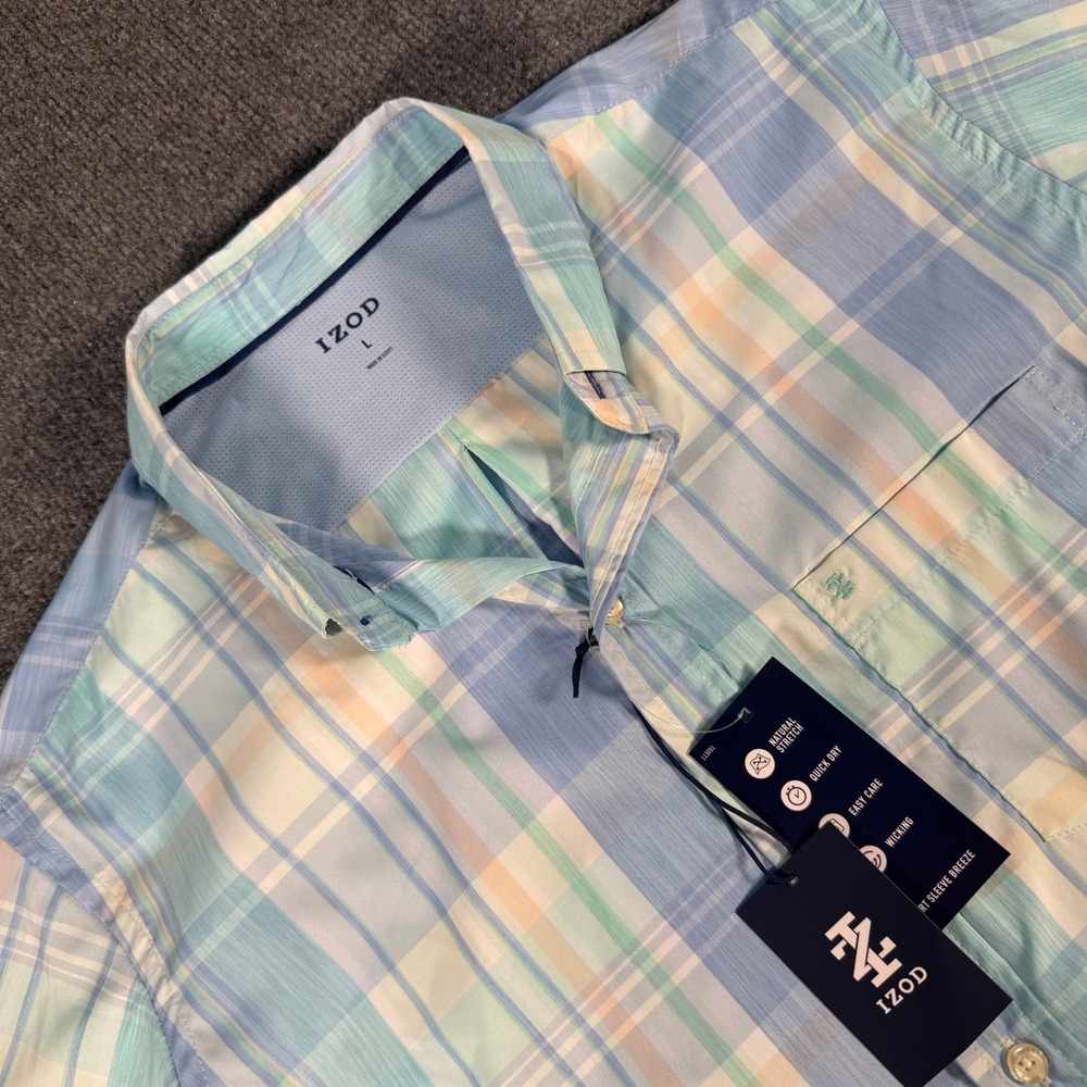 IZOD Men Plaid Short Sleeve Button Down Shirt Blue Green IZSGB9LR332 L NWT #4256